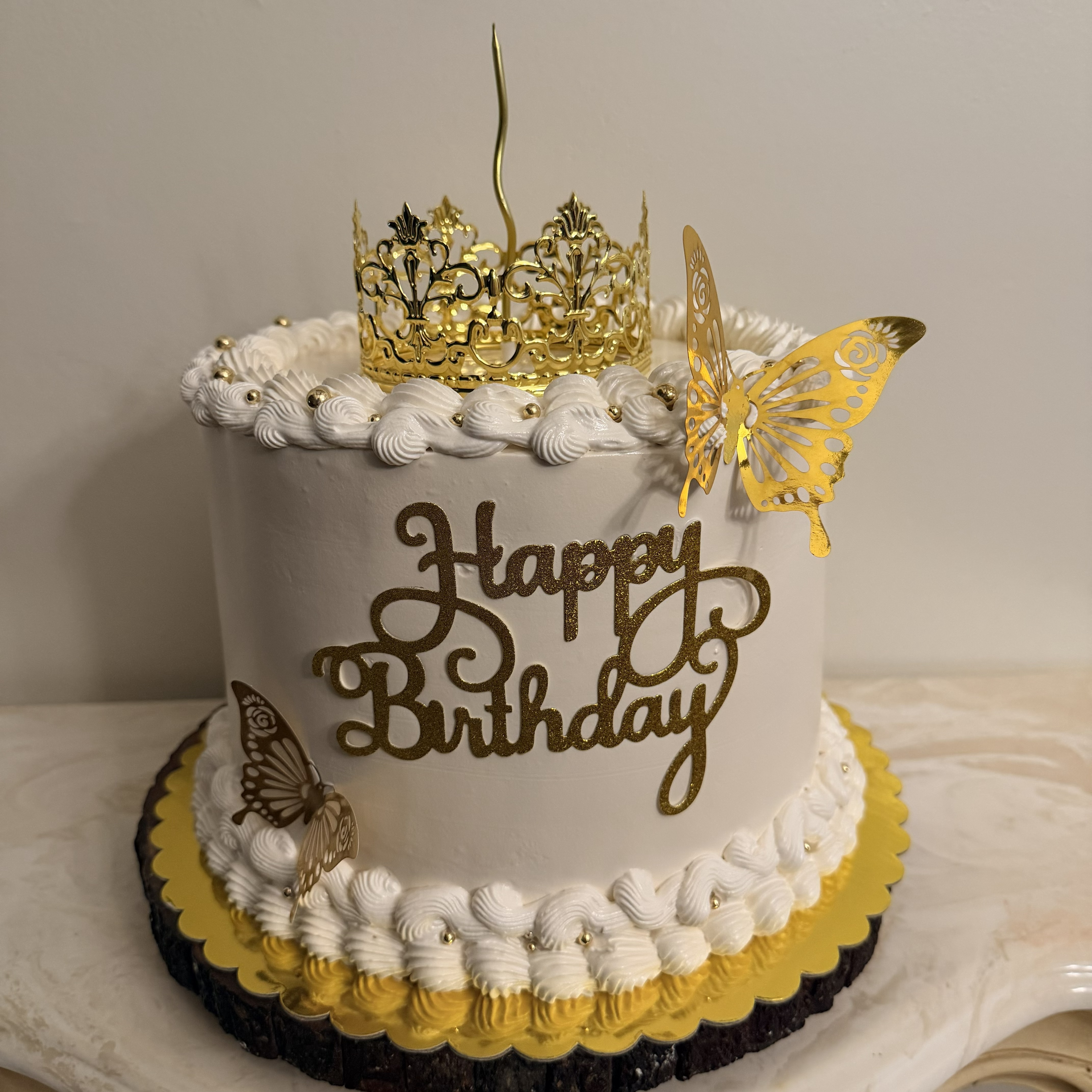 Gold Crown and Butterfly Birthday Cake